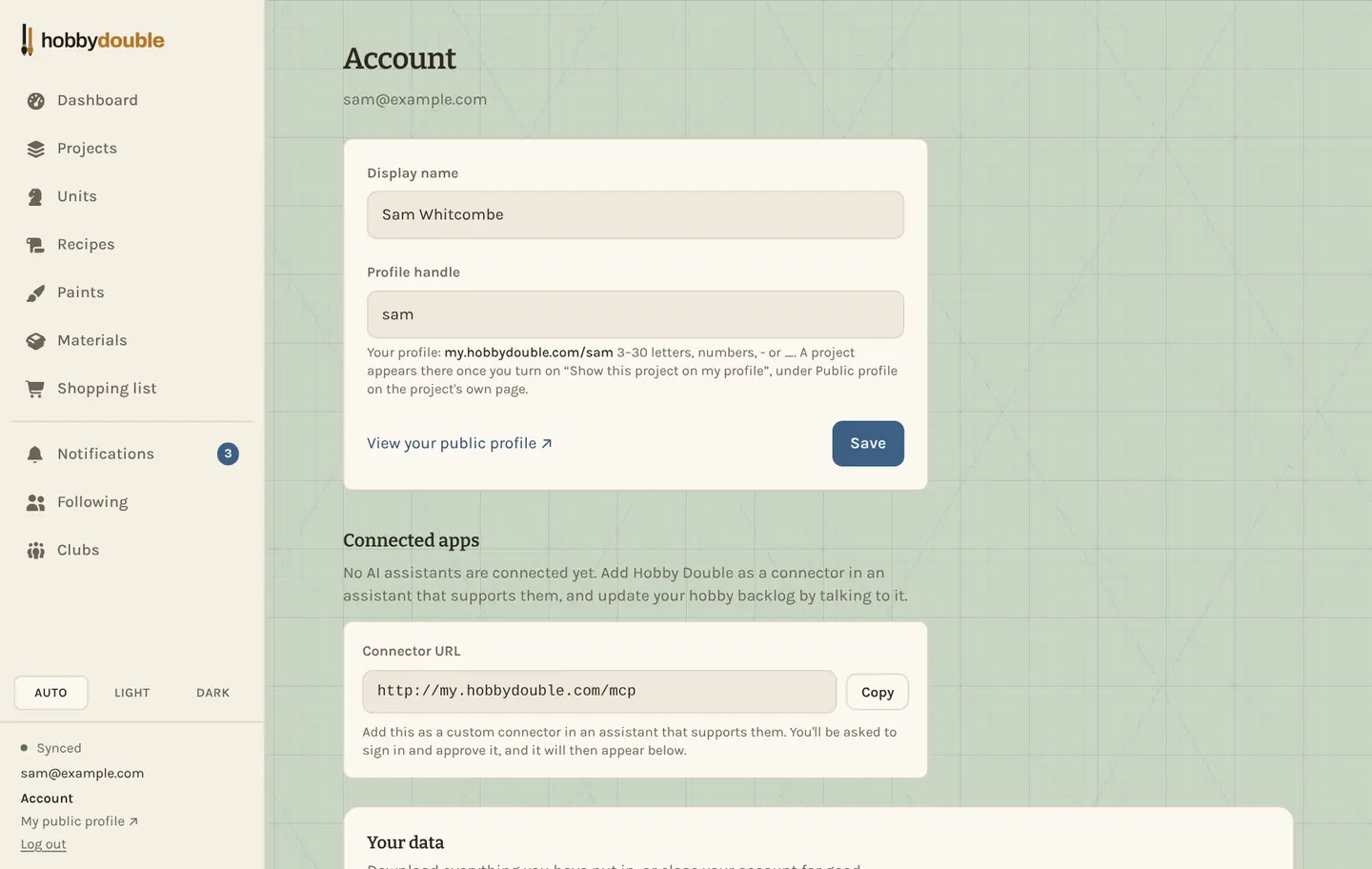 The Account page with display name, handle, connector URL and data export