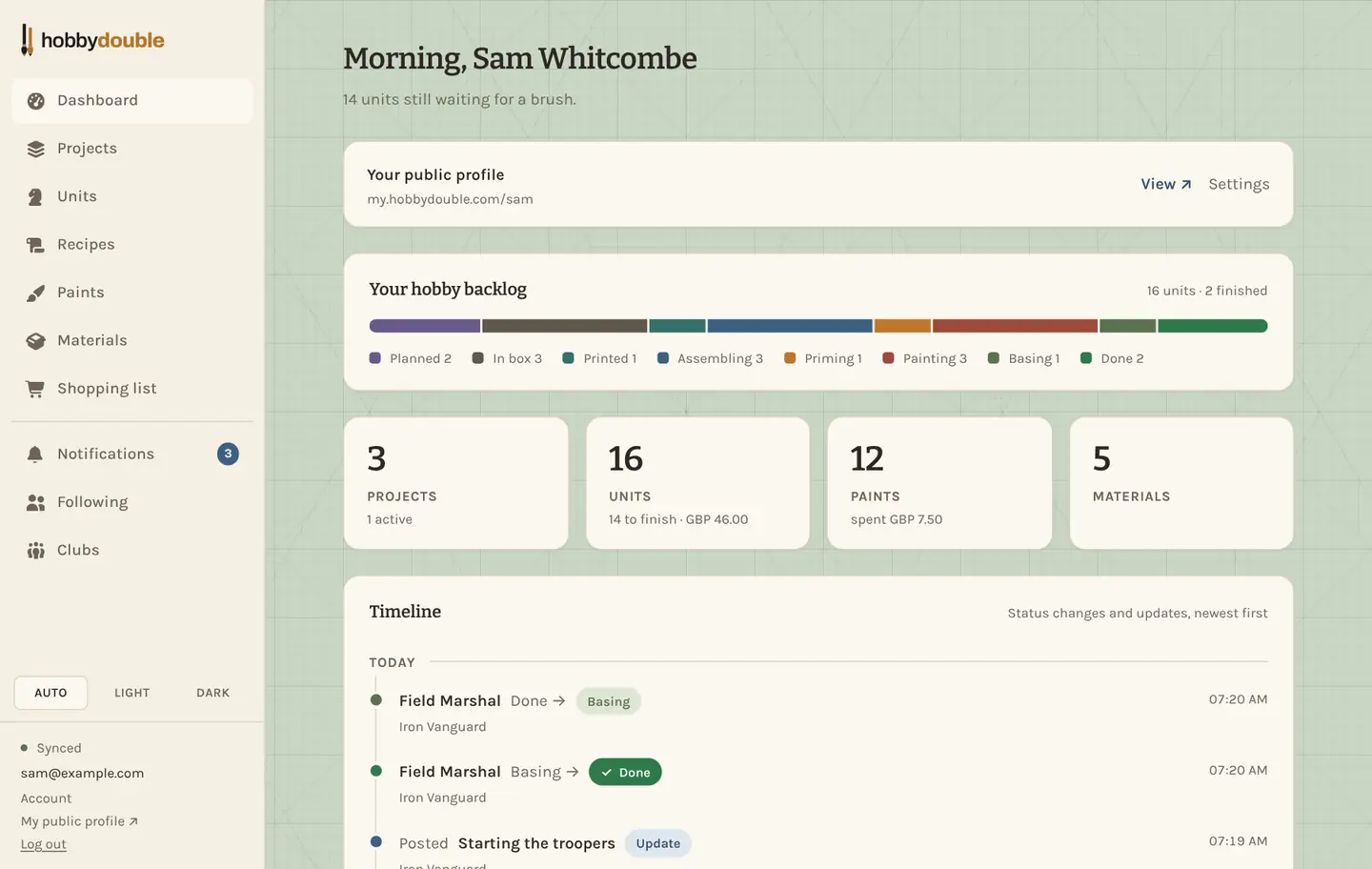 The dashboard on desktop, with the backlog bar, totals and timeline