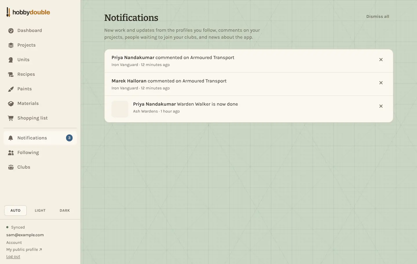 Notifications about comments and a finished unit