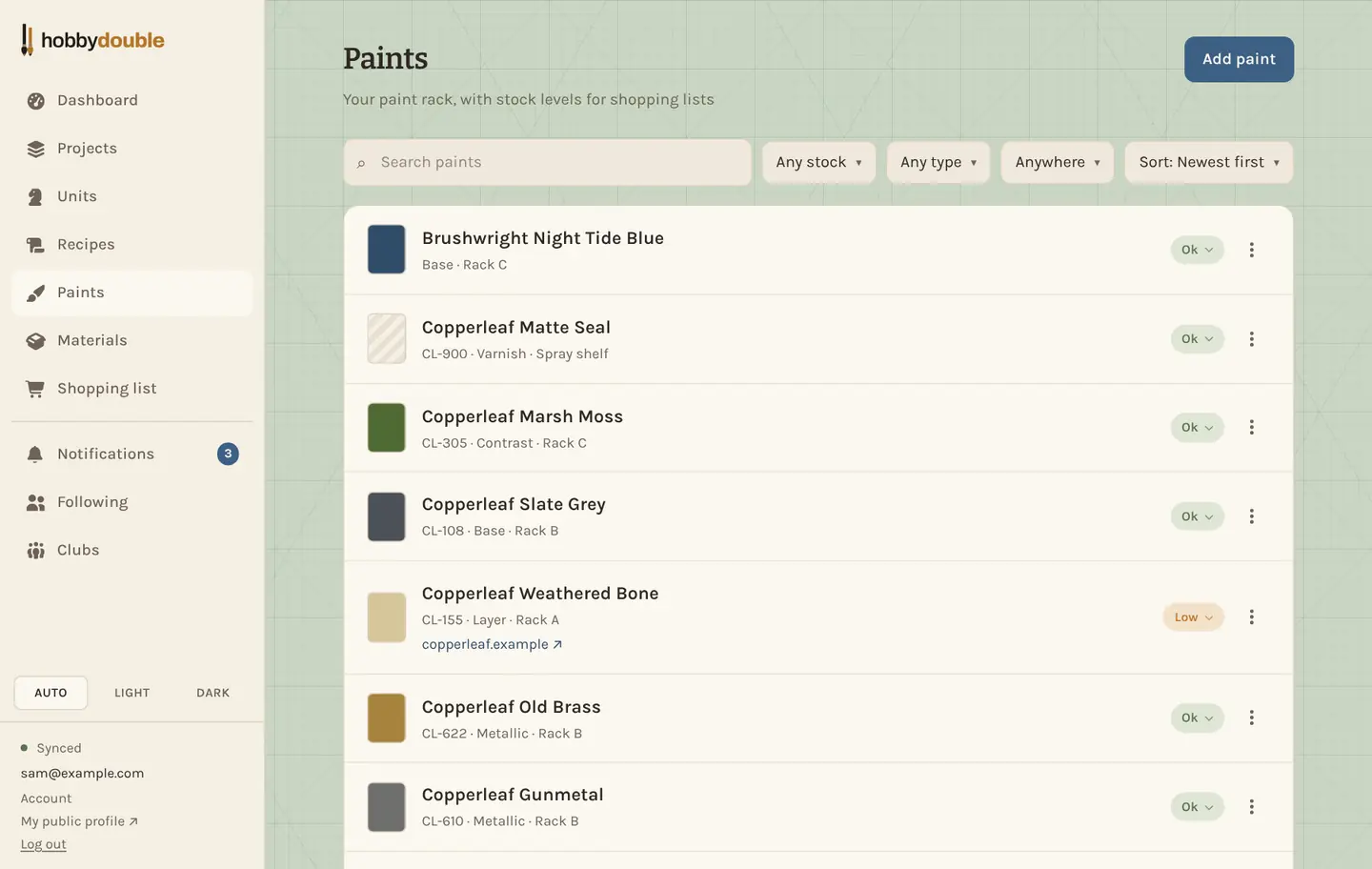 The Paints list with colour swatches and stock levels