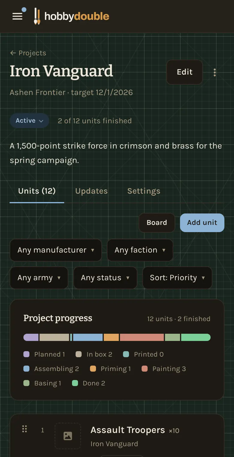 A project page in dark mode on a phone