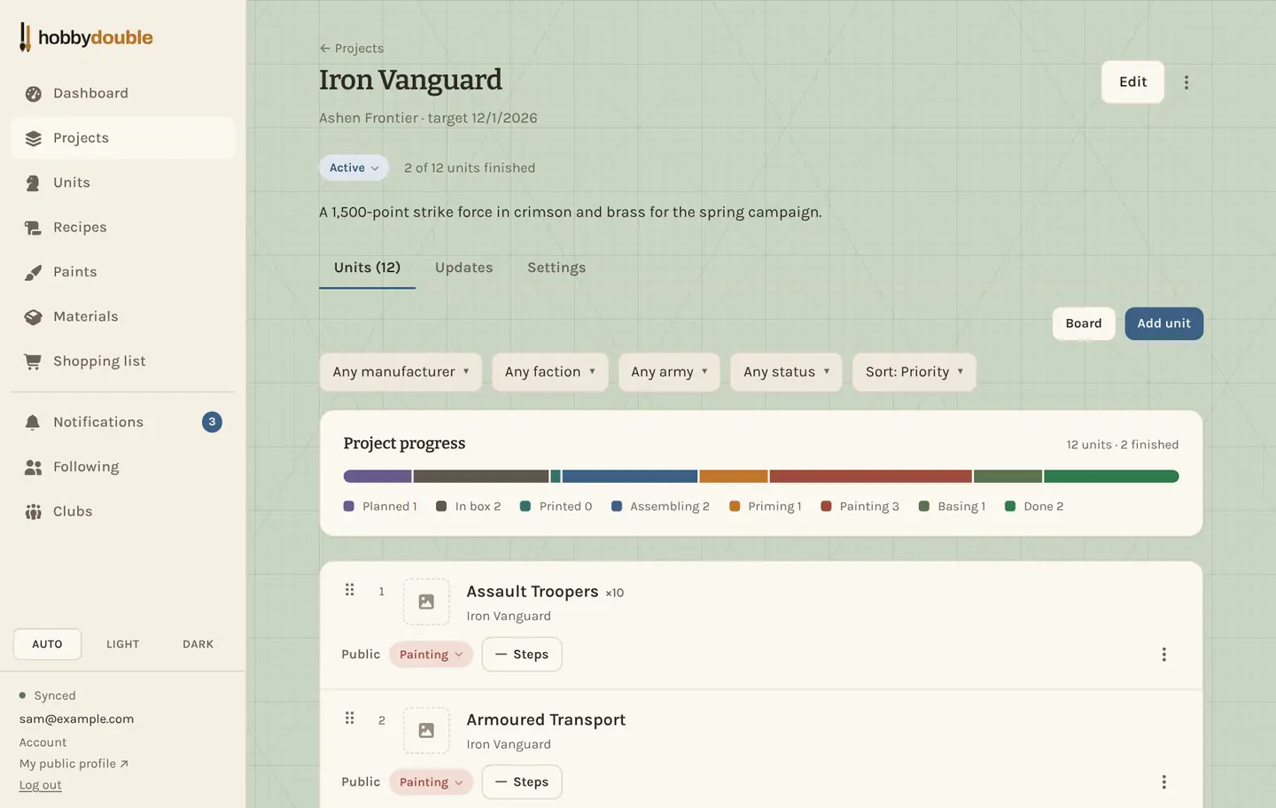 A project page showing progress, units, the theme and photos