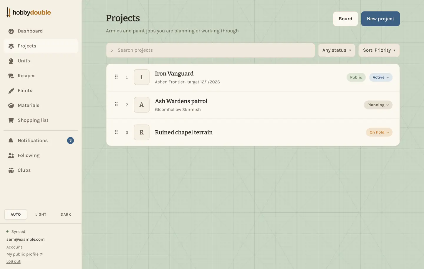 The Projects list with three sample projects