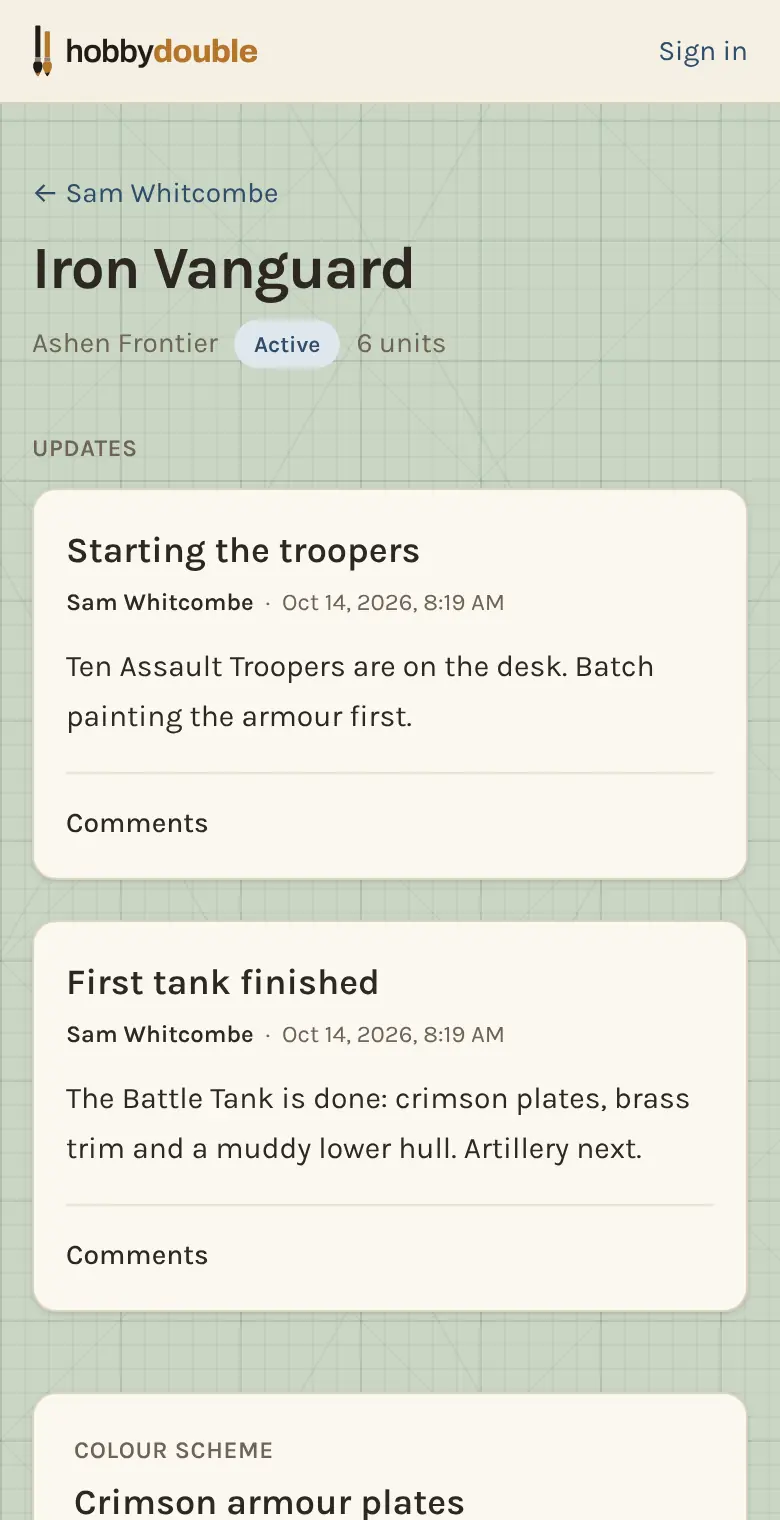 A published project on a phone, with updates and the colour scheme