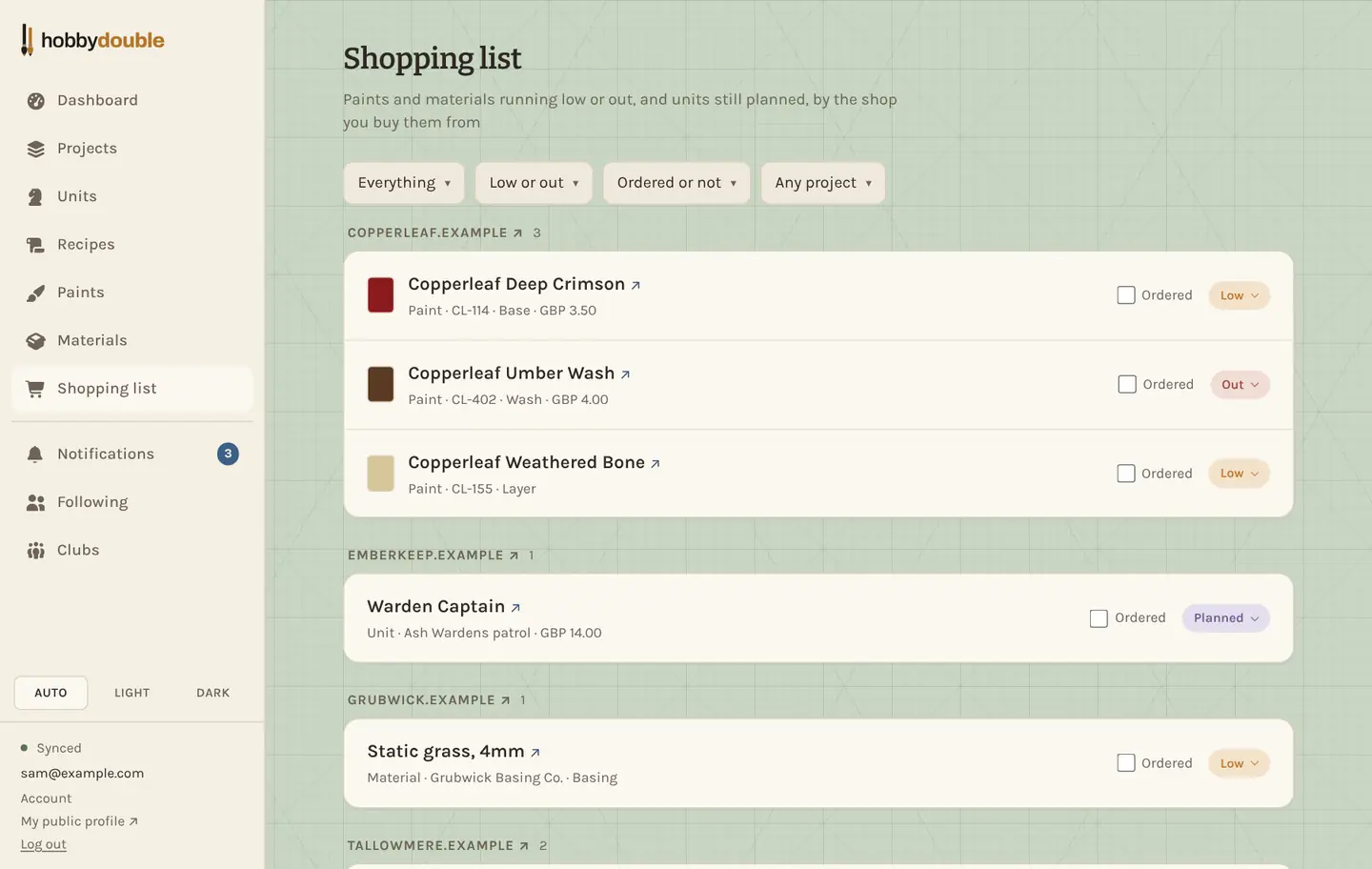 The shopping list with items grouped under each shop's address