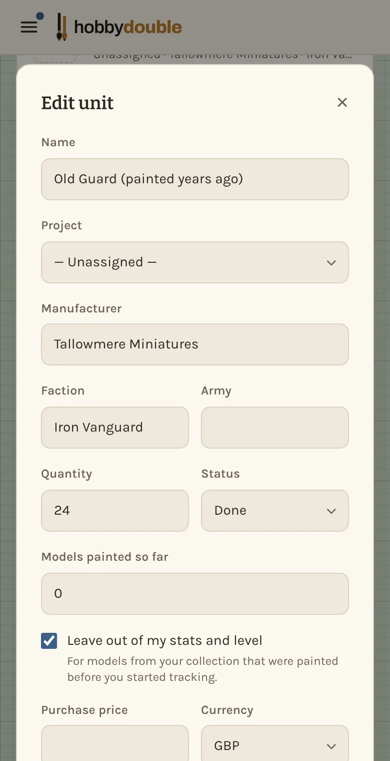 A unit's form with Leave out of my stats and level ticked