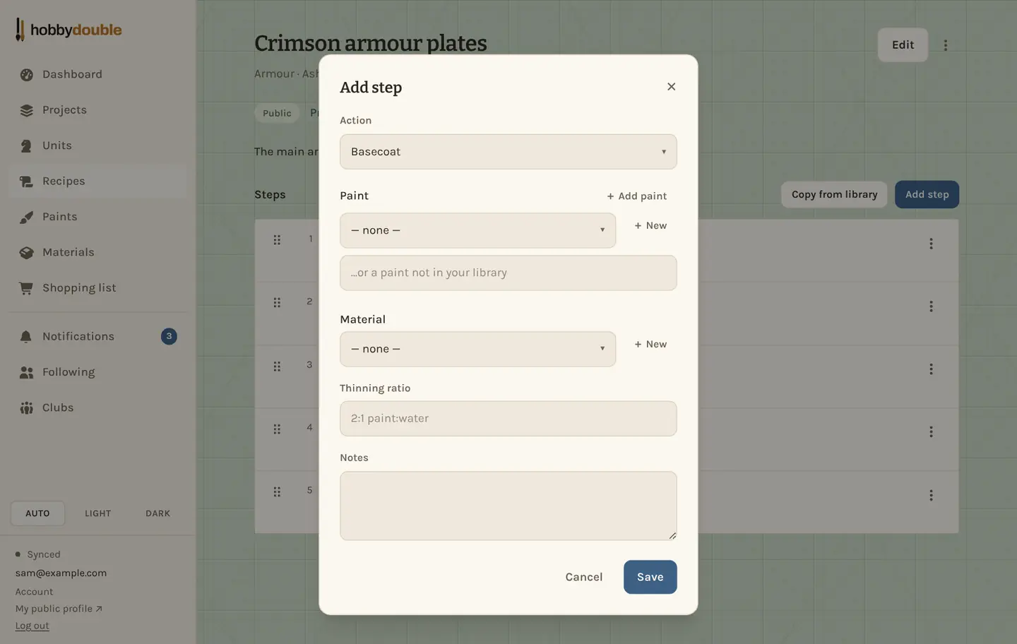 The Add step form with action, paint, material, thinning ratio and notes