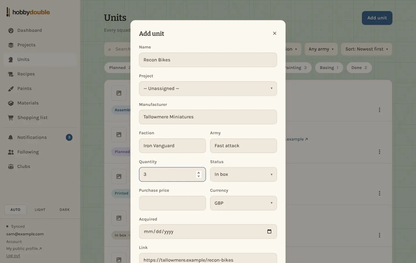 The Add unit form, filled in for a squad of bikes